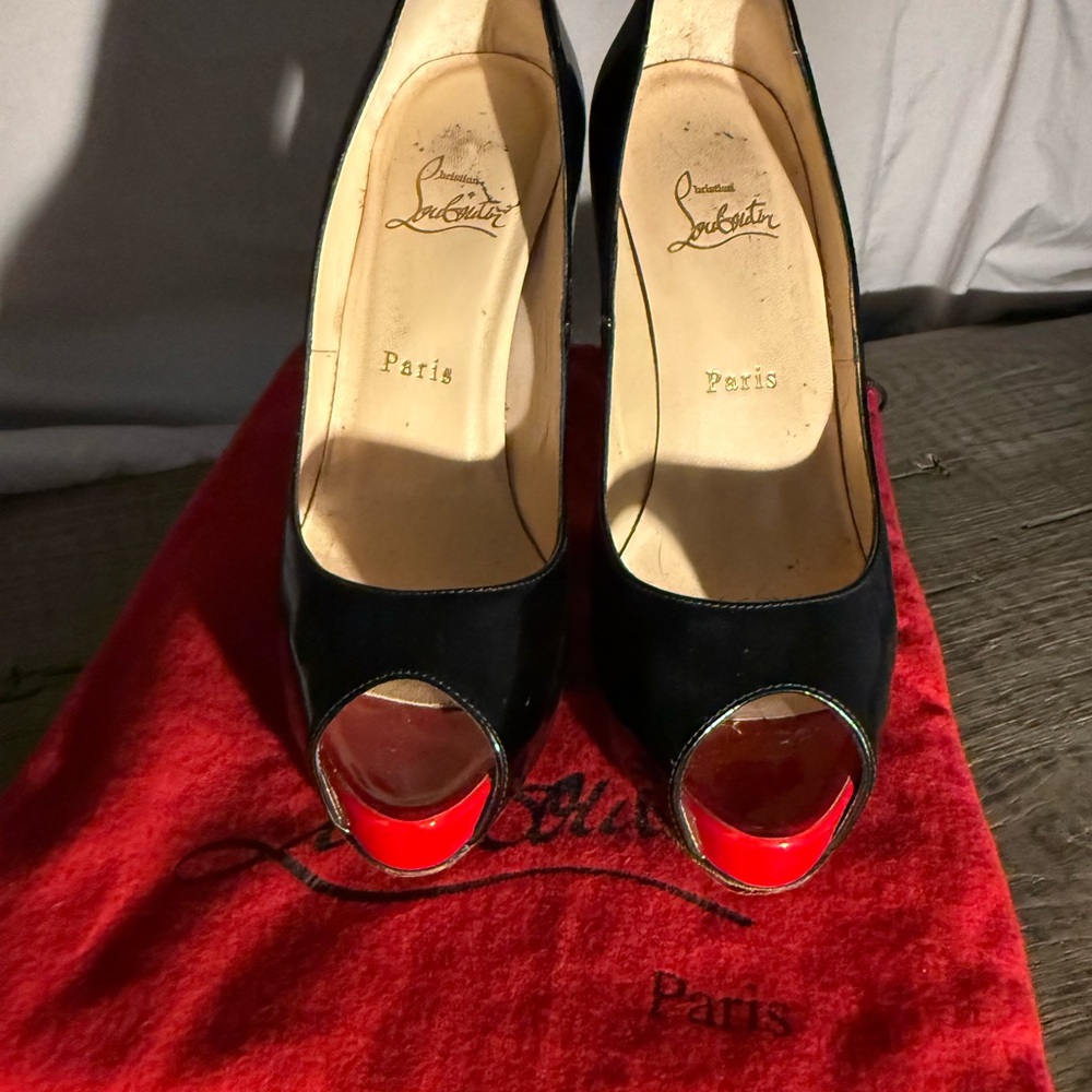 Christian Louboutin New Very Prive Black and Red Peep Toe Heels